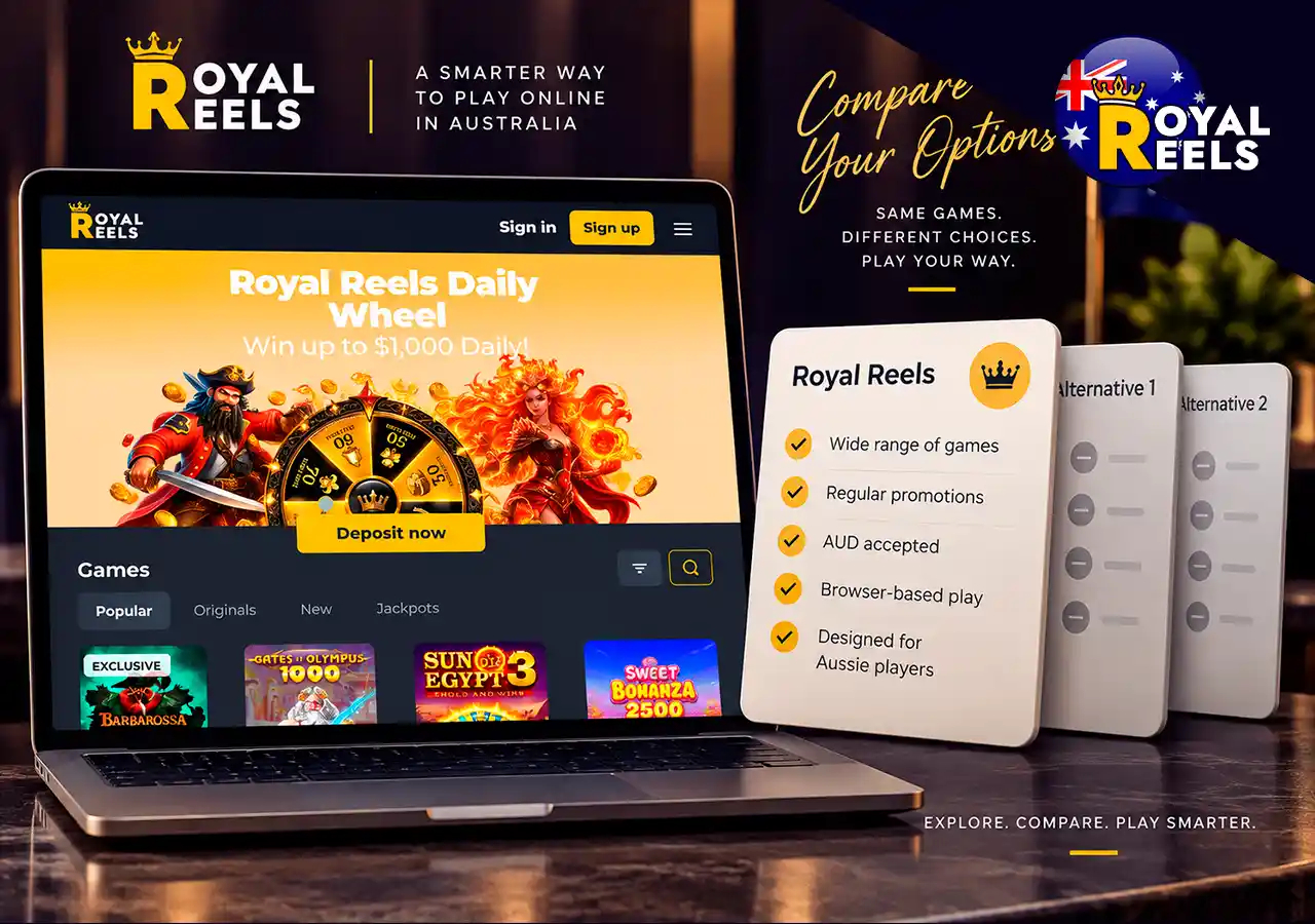 Royal Reels on laptop beside neutral comparison cards for Australian casino alternatives.