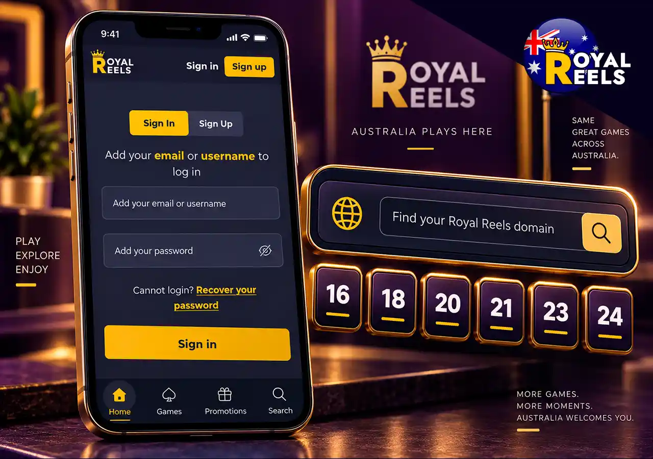 Royal Reels login on mobile with numbered domain references and browser address cue.